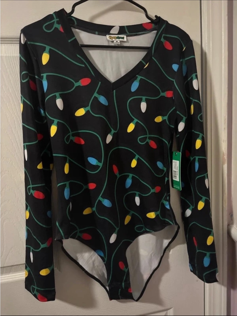 Tipsy Elves Black Long-Sleeve One-Piece with Multi-Colored Light Bulbs